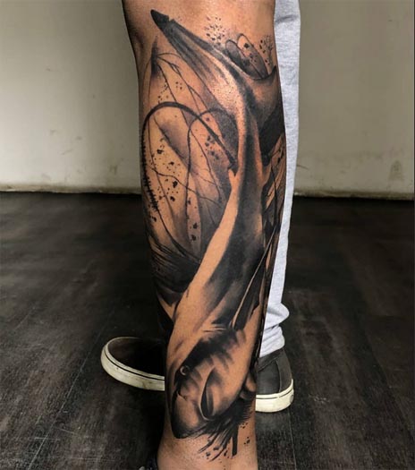 great white shark tattoo male half leg sleeve black and grey 2