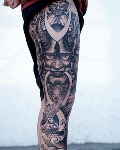 hanya-mask-unique-tattoo-merging-of-japanese-and-tibetan-style-man-full-leg-sleeve