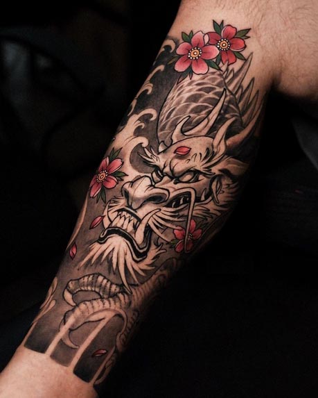 japanese dragon koi fish temple tattoo male half leg sleeve 1