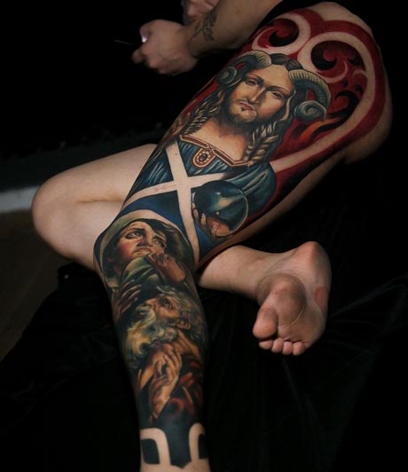 jesus virgin mary joseph salvator mundi best tattoo coloured portrait male full leg sleeve