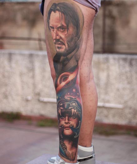 keanu reeves portrait spartan warrior tattoo guy full leg sleeve