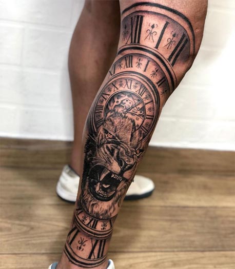 king lion clock cool tattoo man half leg sleeve