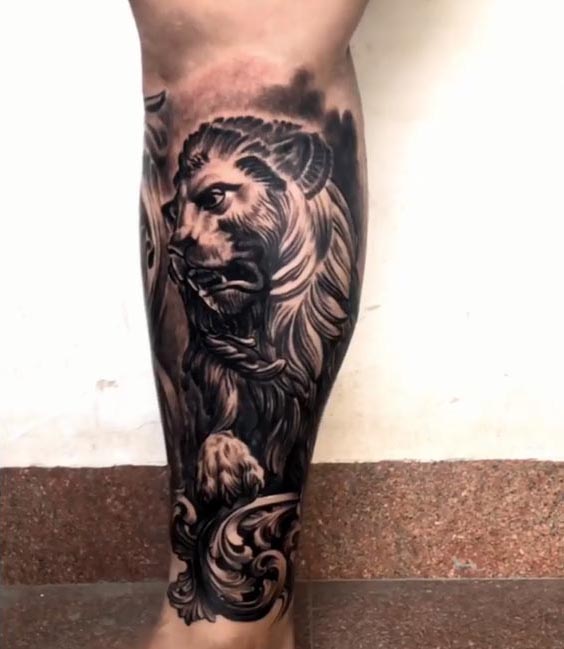 lion tattoo black and grey boy half leg sleeve