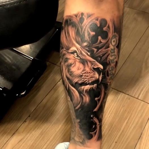 lion tattoo half sleeve arm black and grey male half leg sleeve