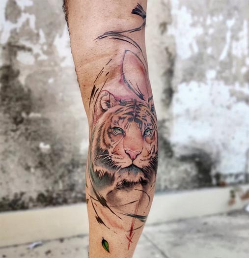 simple tiger tattoo watercolor guy half leg sleeve