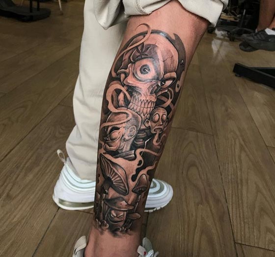 skull mushroom psychedelic tattoo design man half leg sleeve