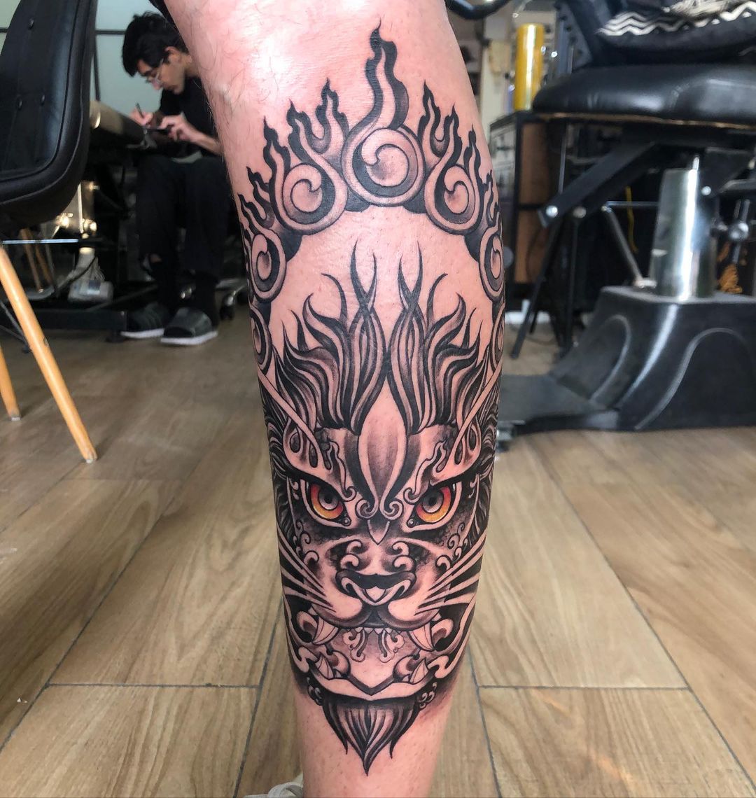 tibetan lion tattoo design male half leg sleeve