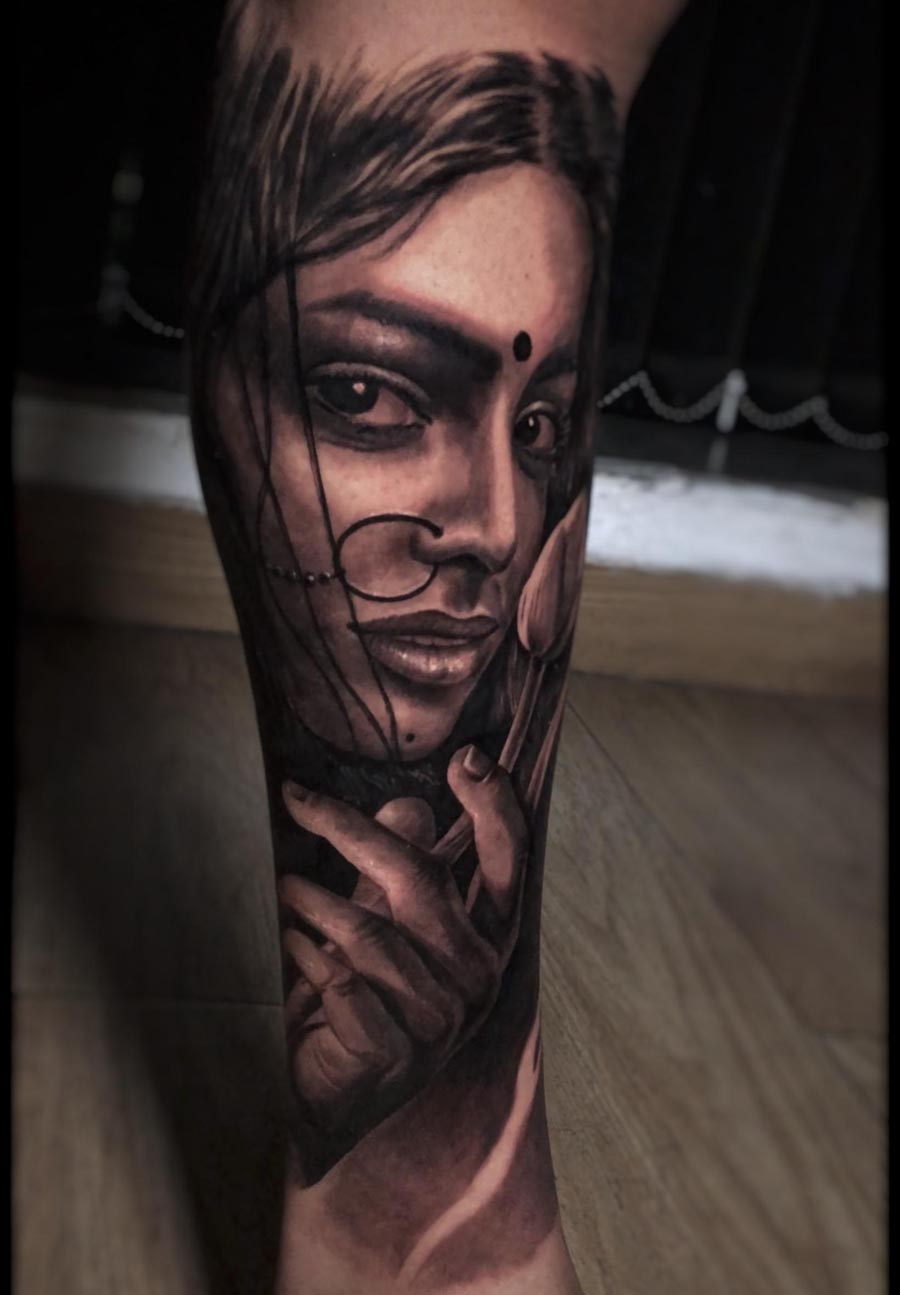 woman face tattoo idea man half leg sleeve