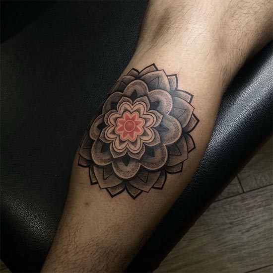 mandala flower tattoo design man lower leg calf