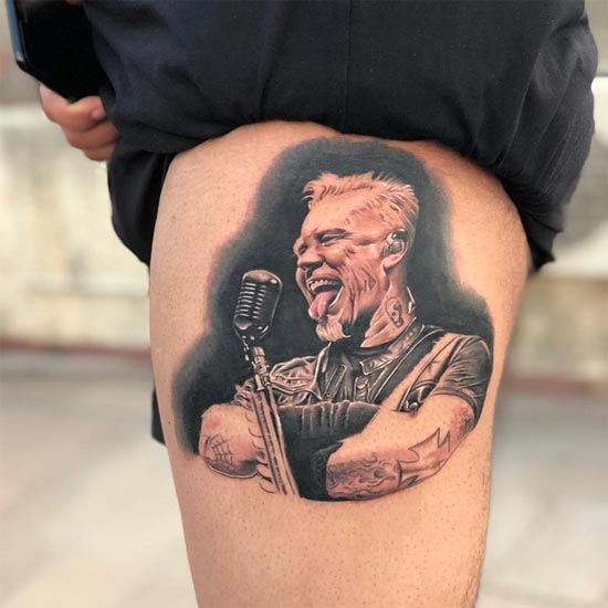 metallica band james hetfield portrait tattoo design color man thigh