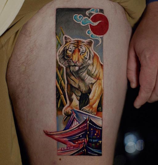 panel japanese tiger tattoo color man leg thigh