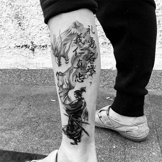 samurai warrior dragon kanji characters unique tattoo male side leg