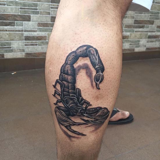 scorpion black and grey 3d tattoo design man leg calf