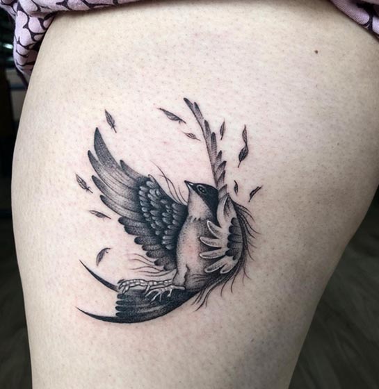 swallow bird tattoo design girl leg thigh black and grey