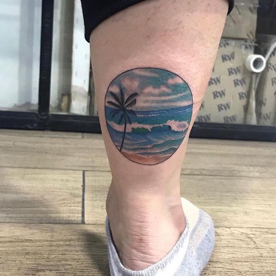 travel nature sea coconut small tattoo design female leg calf