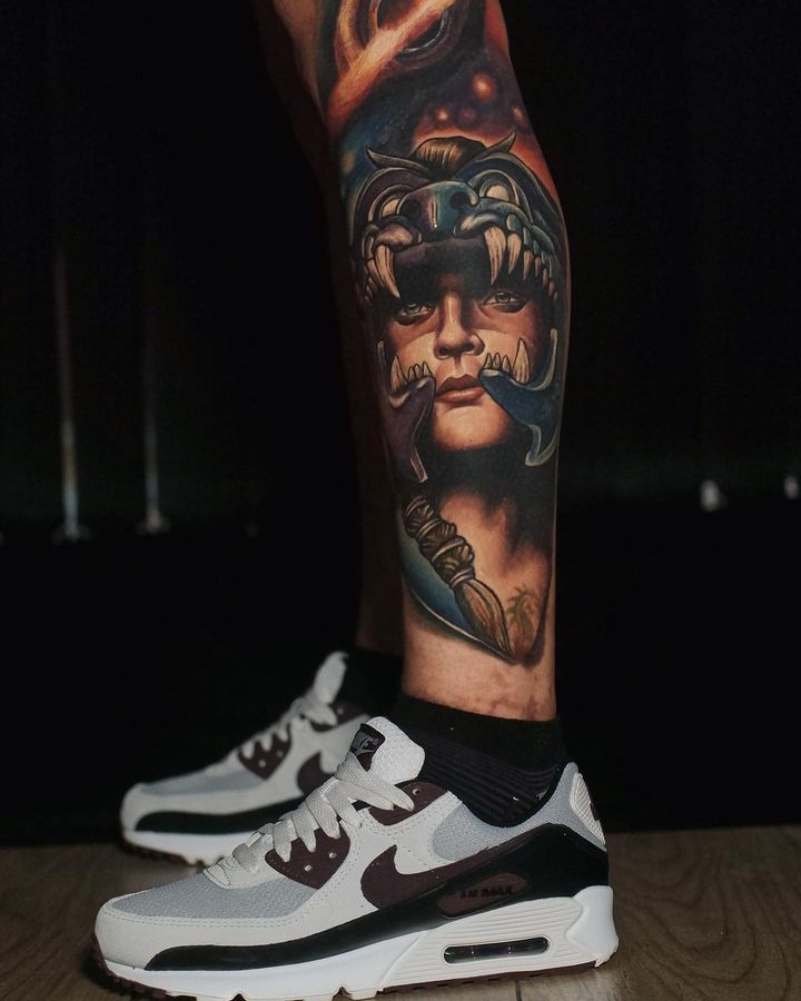 calf tattoo colorful custom design