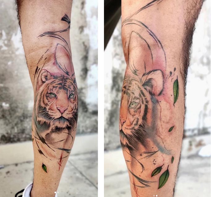 calf tattoo tiger 3d effect