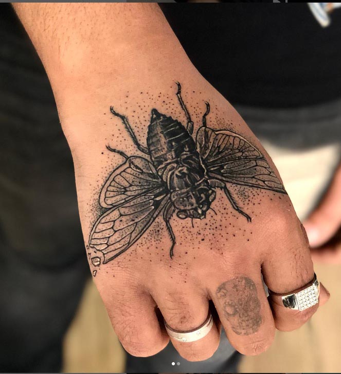 hand tattoo cicada tattoo idea