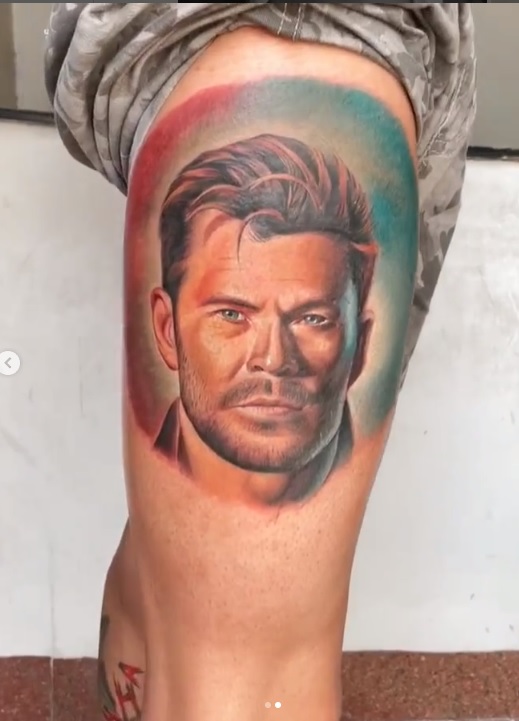 thigh colorful portrait tattoo