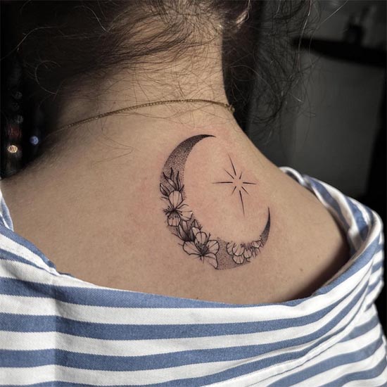 crescent moon cherry blossom flowers tattoo design woman nape