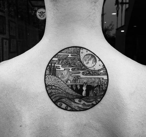 doodle art tattoo round male nape