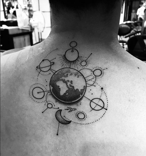 earth tattoo design lines and dots man nape