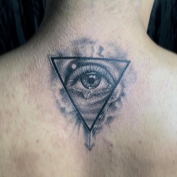 eye in triangle tattoo design guy nape