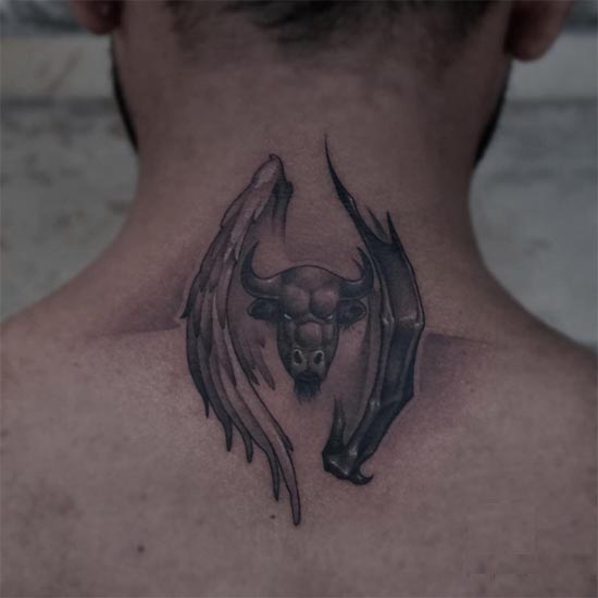 good and evil wings bull taurus tattoo male nape