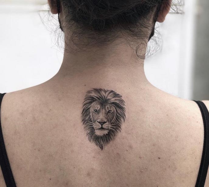 minimalist lion head tattoo design woman nape