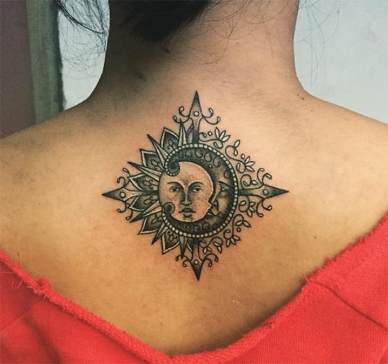 sun moon face tattoo design woman nape