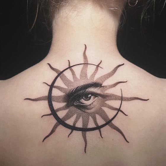 sun moon realistic eye tattoo design female nape