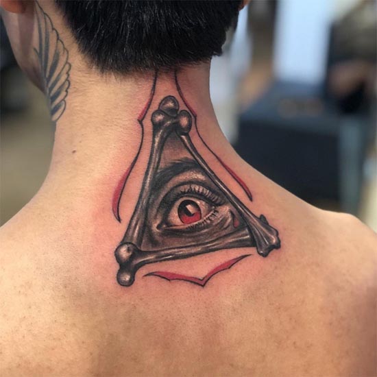 eye tattoo design idea male upper back neck