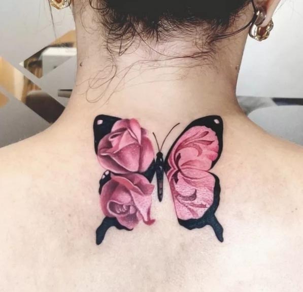 flowers on butterfly wings tattoo design female back neck