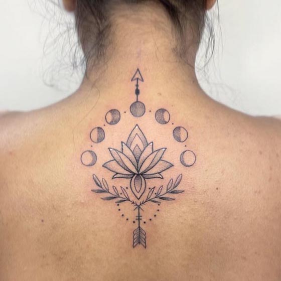 lotus ornamental moon phases tattoo design woman upper back neck