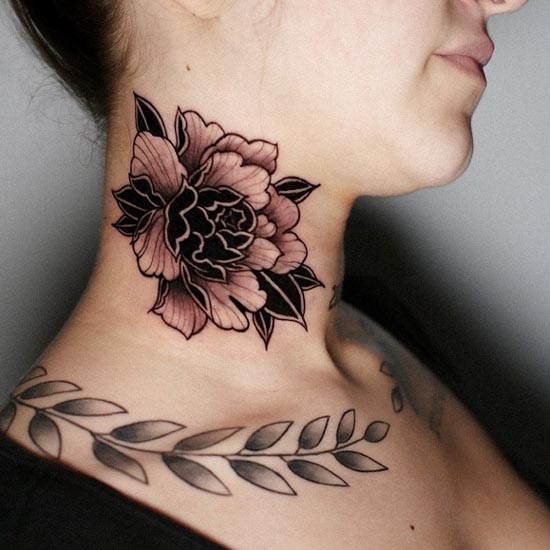 peony flower tattoo black and grey lady side neck