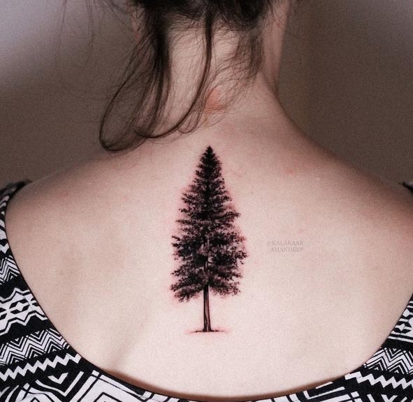 pine tree small tattoo design girl back neck black and grey