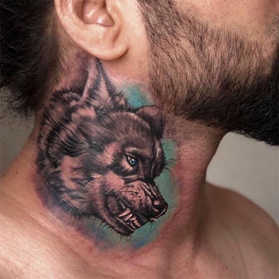 wolf face tattoo design male side neck