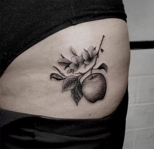 apple fruit tattoo design female rib black and grey