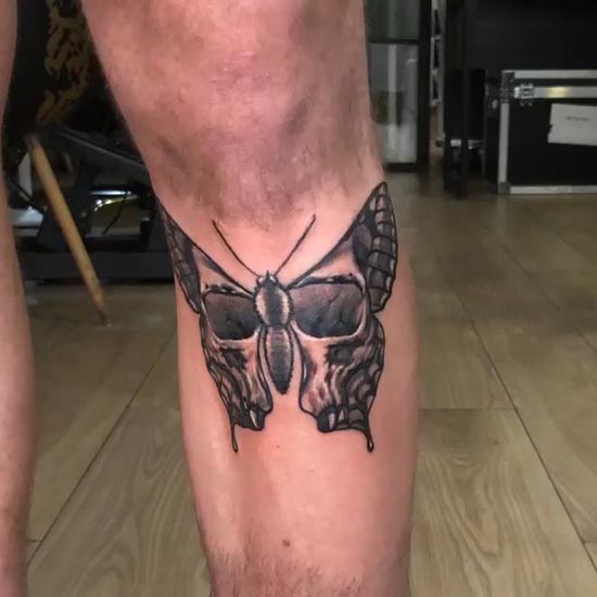 butterfly skull tattoo design male upper shin