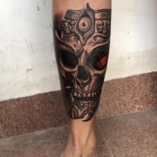 skull with third eye cool tattoo design idea man full shin