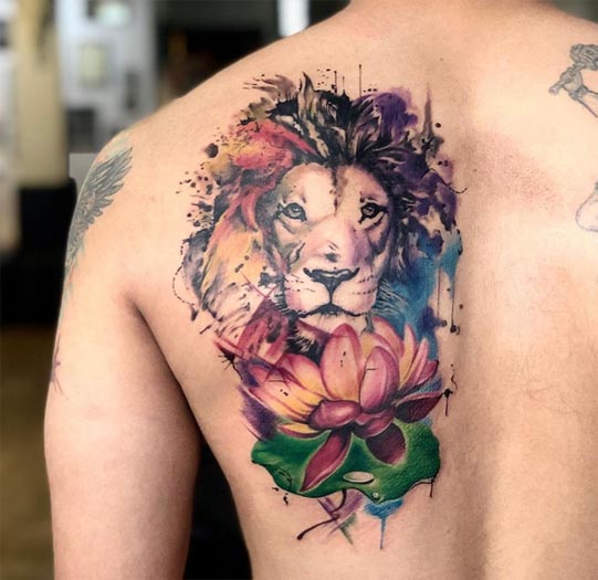 abstract lion lotus tattoo man left back shoulder