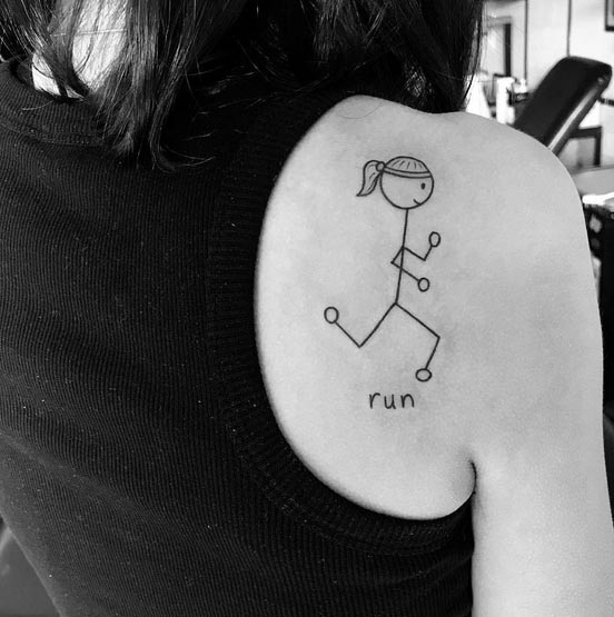 cartoon girl word run tattoo design linework female shoulder back