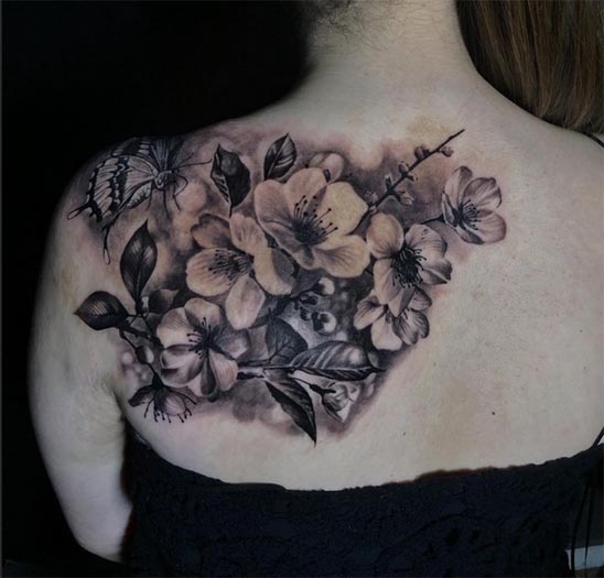 cherry blossom flowers butterfly tattoo design female shoulder back