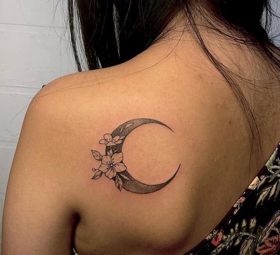 cute moon flower tattoo feminine left shoulder blade