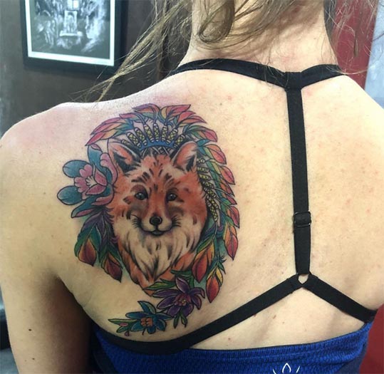 fox with leaves tattoo design color female back shoulder