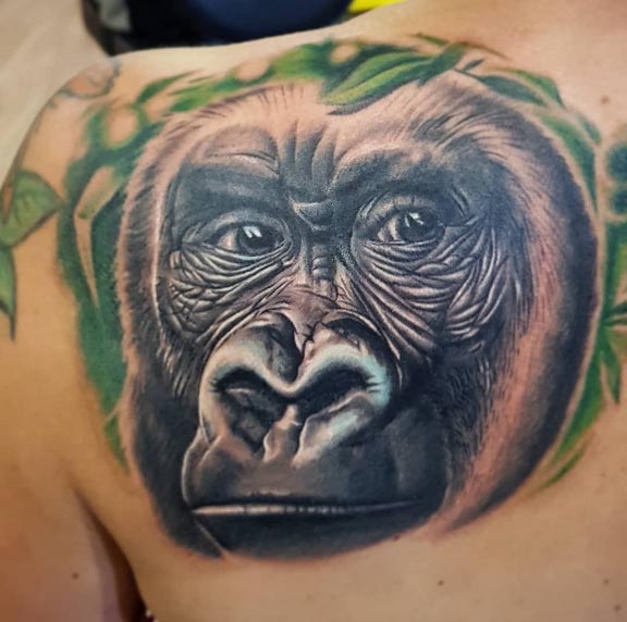 gorilla head tattoo design color man shoulder blade