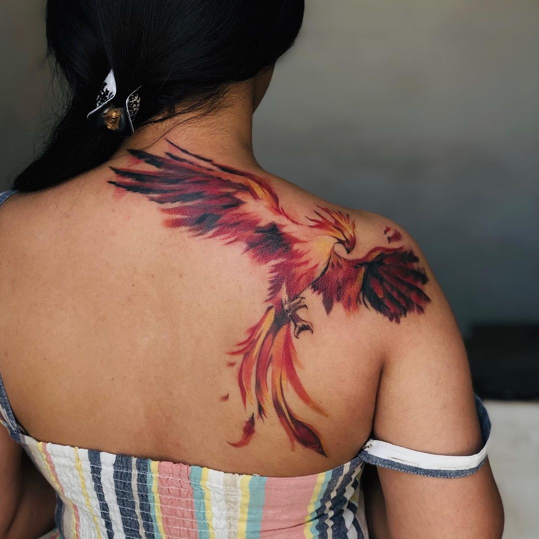 large phoenix tattoo design color female back shoulder