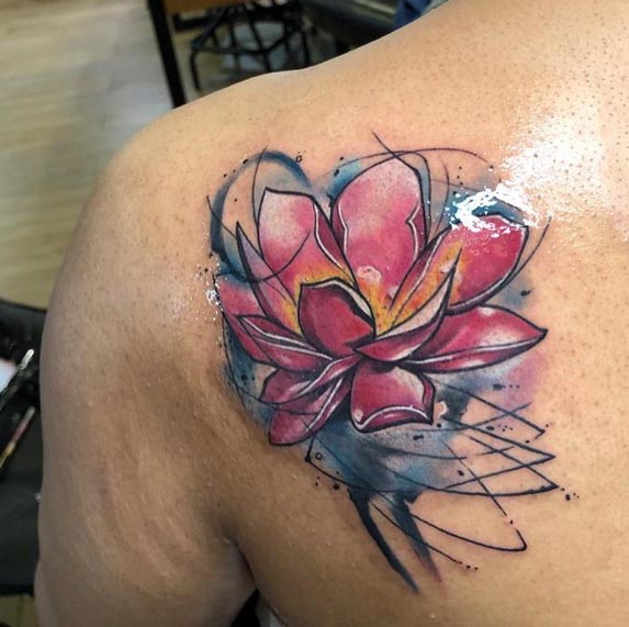 watercolor lotus tattoo design male back shoulder