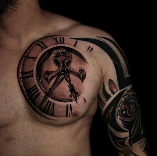 clock tattoo man chest shoulder