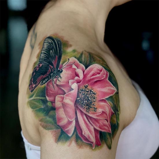 flower and butterfly tattoo realistic color female outer shoulder